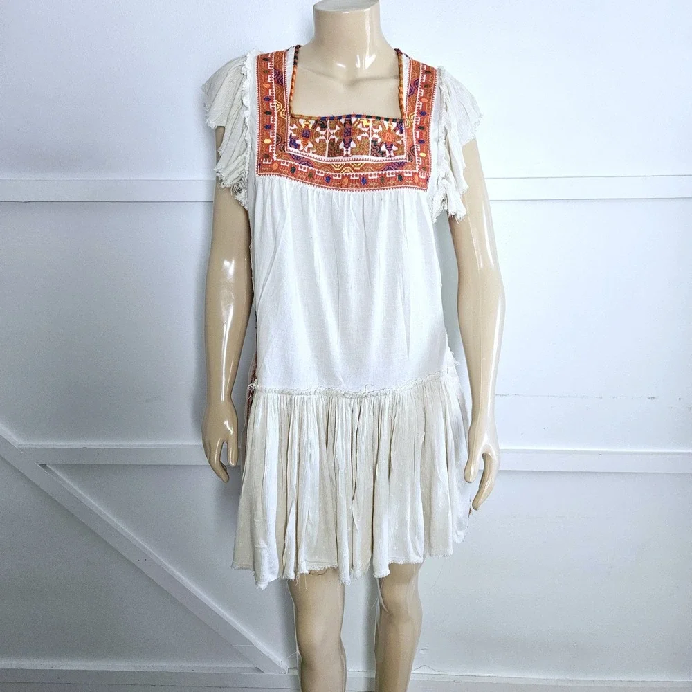 Free People Ivory Embroidered Boho Mini Dress Flutter Sleeve Open Back Size M